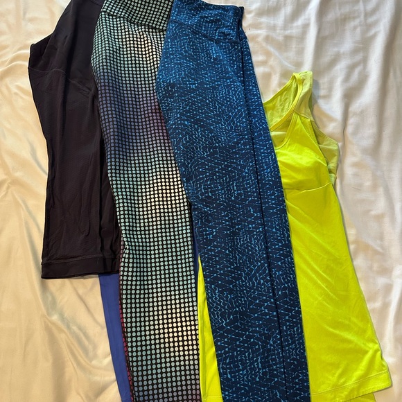 lululemon athletica Blue and Yellow Tops with Patterned Leggings - Picture 2 of 7